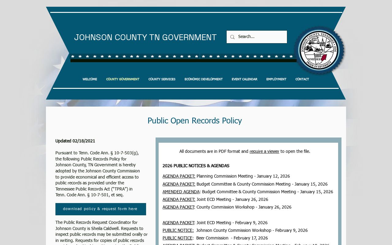 Johnson County public-records page for booking-record requests